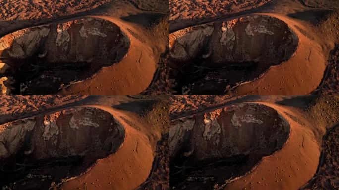 令人惊叹的无人机航拍镜头，展示西班牙加那利群岛兰萨罗特的库尔沃火山在日落时分的美景。