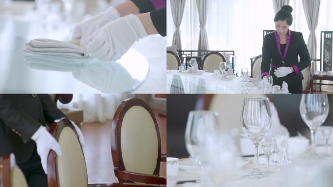 酒店餐厅服务员摆放餐具忙碌工作实拍