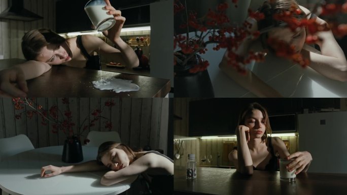 分屏：一个沮丧的年轻女性洒出牛奶，内心感到空虚。