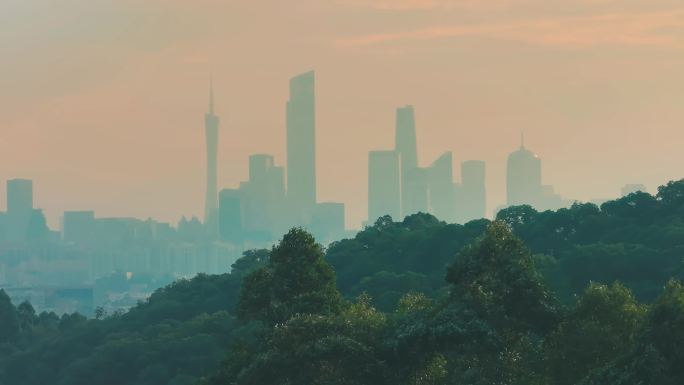 雾气笼罩下的广州城市天际线