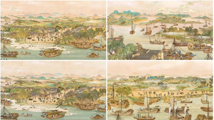 4K清明上河图京杭大运河江南水乡古风水运