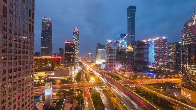 北京国贸CBD夜景车流4K延时