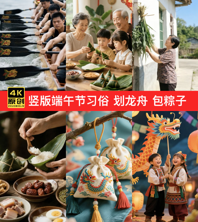 竖版端午节习俗包粽子划龙舟菖蒲挂香包
