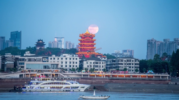 武汉夜景黄鹤楼月出延时