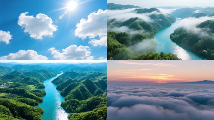 4K阳光山河自然风光蓝天白云海日出延时
