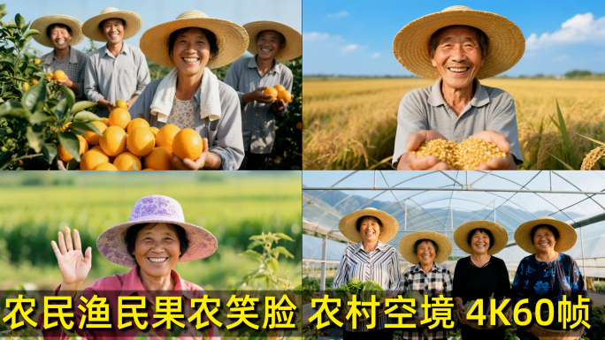 农民笑容微笑笑脸，丰收喜悦幸福，乡村振兴