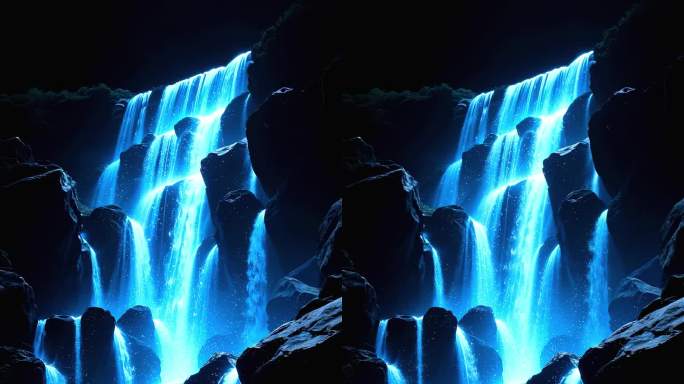 唯美梦幻浪漫粒子流体夜色下的岩石瀑布