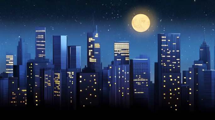卡通 城市 夜空 月亮 循环 6k