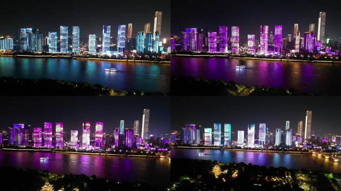 湘江上驶过的游船 江景灯光秀航拍