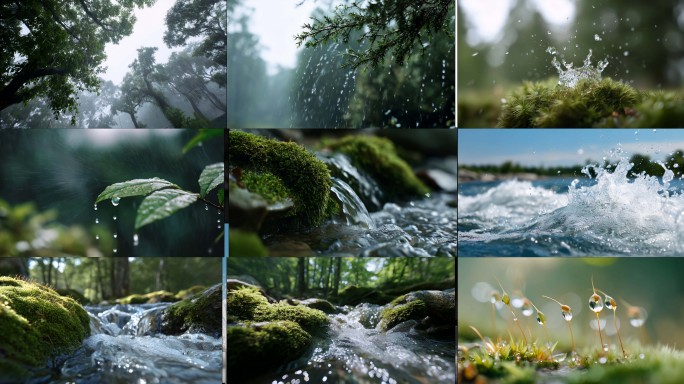 森林下雨溪流流水雨滴水滴苔藓自然清新水流