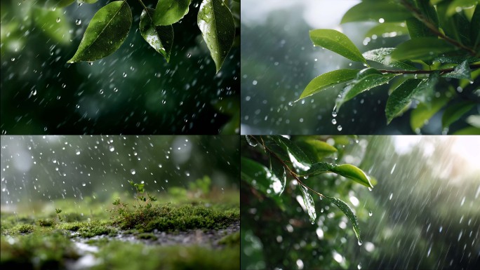 森林下雨溪流流水雨滴水滴苔藓自然清新水流