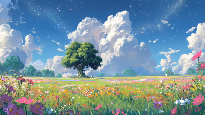 田园风光 树木 花草 自然 星空 草地