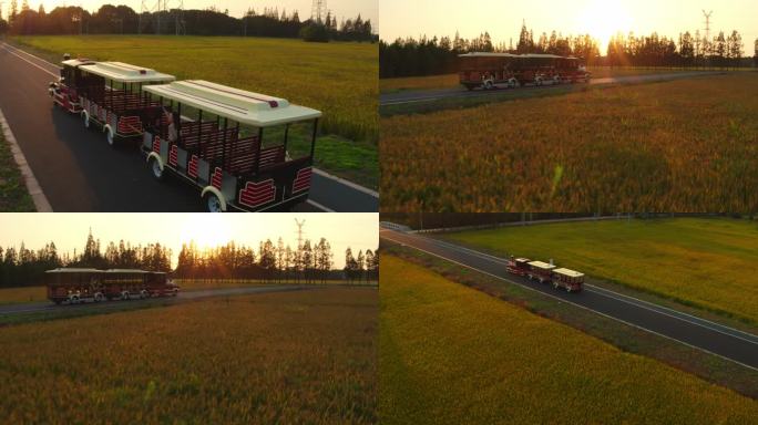 夕阳乡村小火车行驶在麦田公路