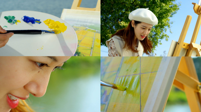 乡村湖边写生少女