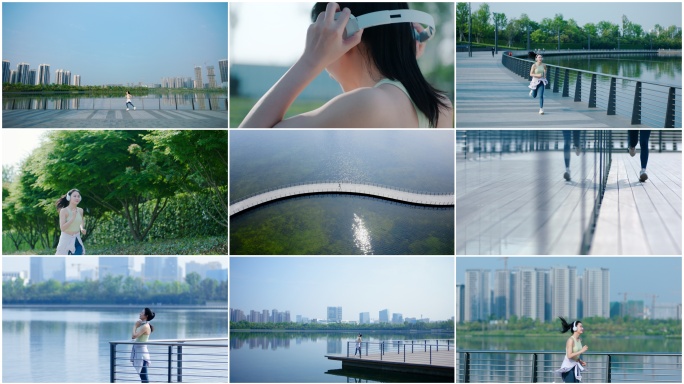 湖边跑步晨跑听音乐公园户外运动锻炼人工湖