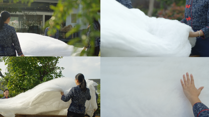 碎花女子拉扯蚕丝被