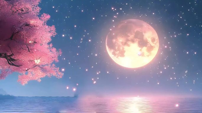 4k唯美中秋月光桃花花瓣飘落思念团圆