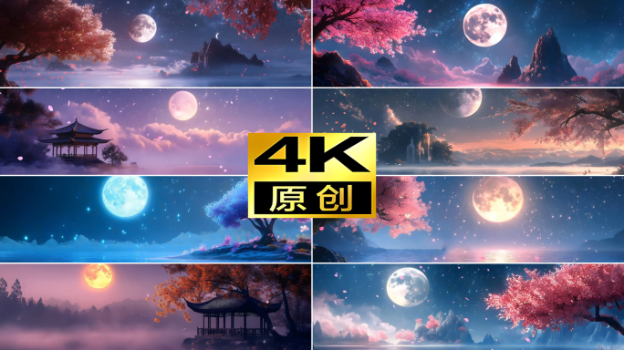 4k唯美中秋月光桃花花瓣飘落思念团圆