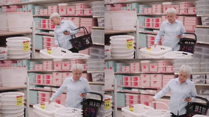 老年女性在超市购物，寻找洗衣篮。