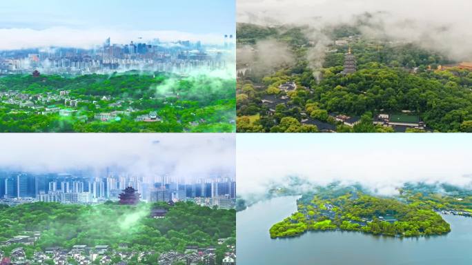 清晨云海杭州城市地标西湖航拍延时