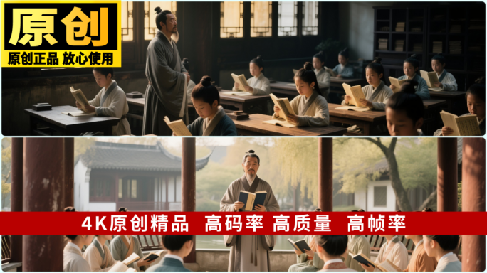 国学古代学堂朗诵诵读学堂古代学堂读书场景