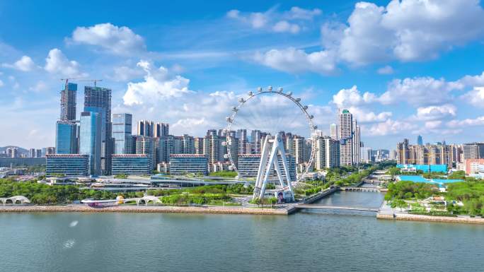湾区之光摩天轮前海欢乐港湾航拍延时风光