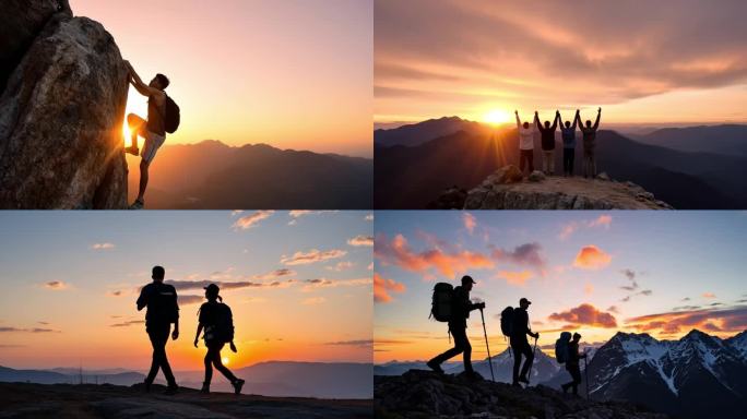 户外团队登山剪影攀登顶峰团队协作精神山顶