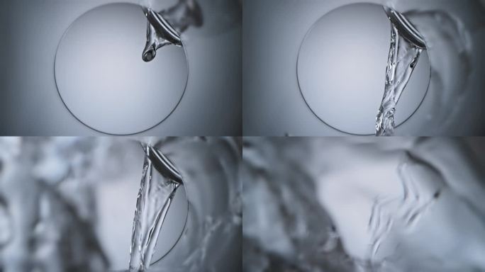 清澈的水倒入玻璃杯中，产生涟漪和溅水效果。