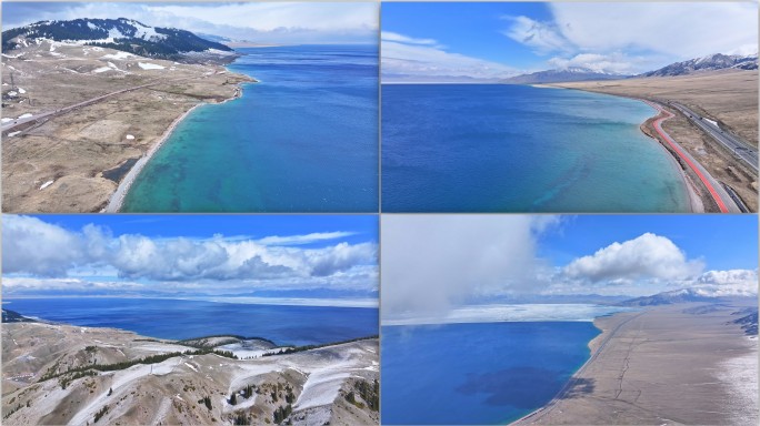 航拍新疆赛里木湖景区碧水蓝天白云俯瞰风景