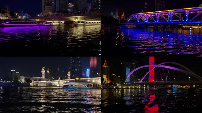 天津海河游船穿各越桥梁夜景合辑