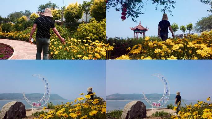 花海中的女子与湖光山色跋山水库