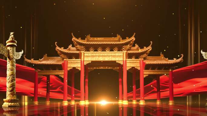 8K宽屏中国风华表红色绸缎舞台背景