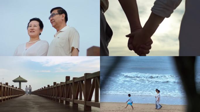 海边老年夫妇散步-夕阳下长辈的爱与陪伴