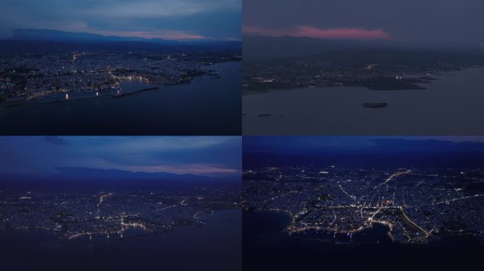克里特岛西部哈尼亚夜景航拍素材