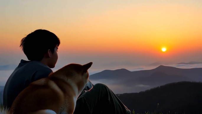 少年与柴犬的日落山景