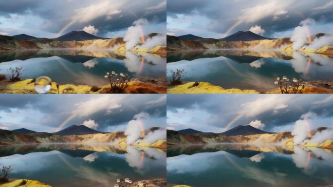 火山湖彩虹倒影美景 火山地热景观与彩虹