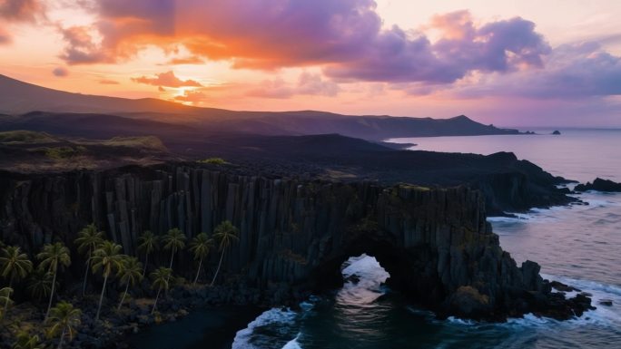 海岛日落拱门景观 火山岩海岸晚霞风光
