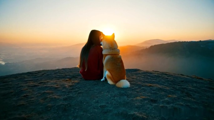 夕阳下女孩与柴犬相伴