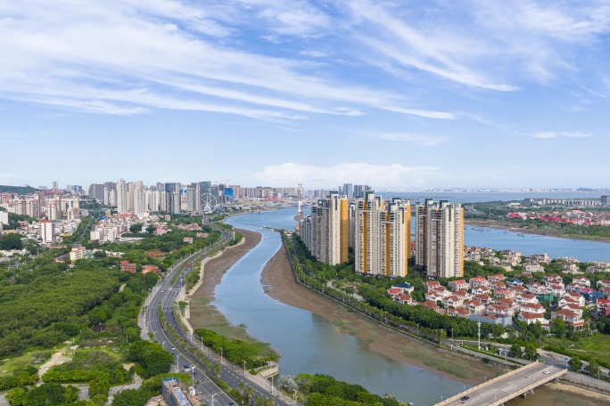 泉州泰禾广场晋江大桥入海口风光航拍延时