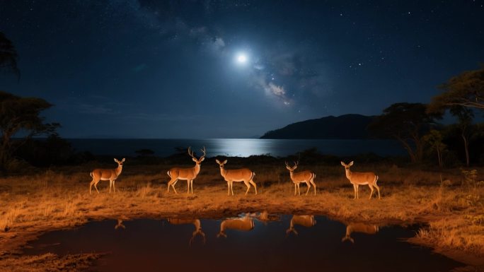月夜下的鹿群剪影 宁静夜空的野生动物