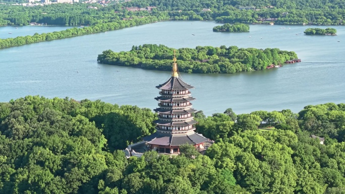 杭州西湖航拍杭州西湖自然风光雷峰塔宝俶塔