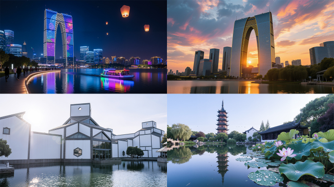 苏州东方之门金鸡湖地标夜景日出航拍延时