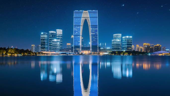 苏州东方之门金鸡湖地标夜景日出航拍延时