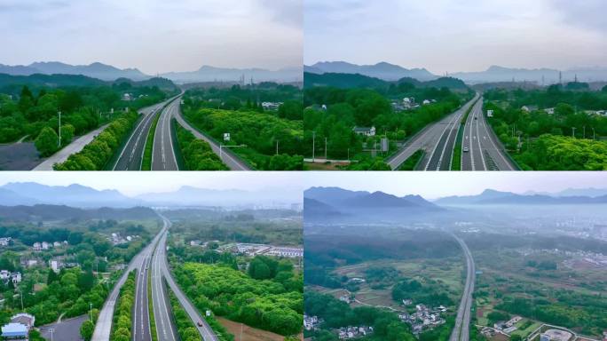 航拍群山间绿色生态高速公路