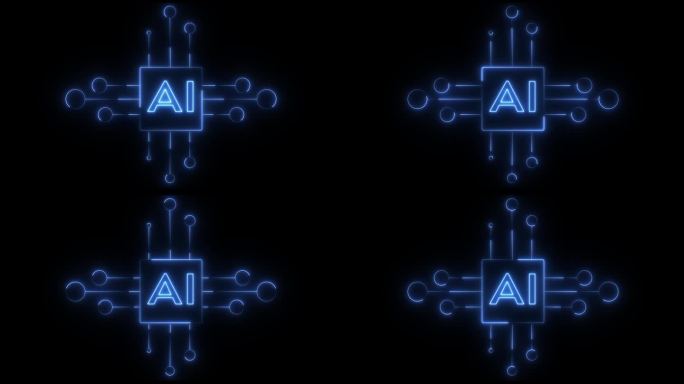 AI计算霓虹动画。CPU动画图标发光效果。缩放的文字标志。机器学习加速。动态叠加在白色背景上。
