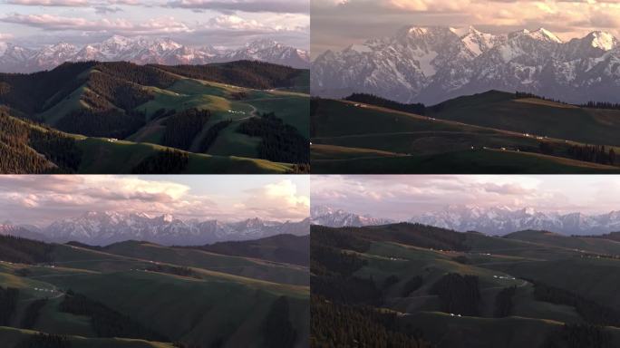 雪山下的绿色山丘—新疆风景