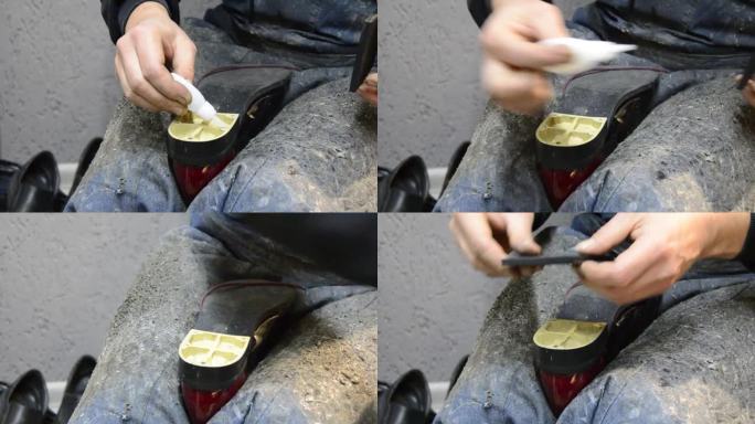 鞋匠修理鞋子。工作坊。选择性对焦。