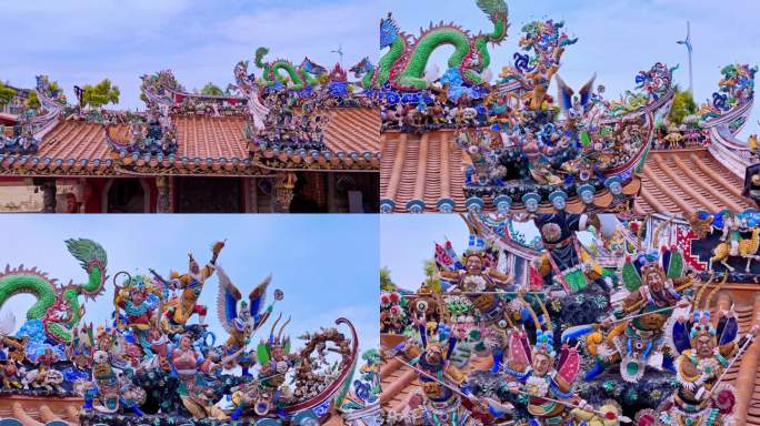 4K潮汕揭阳闽南建筑屋顶雕塑嵌瓷文化