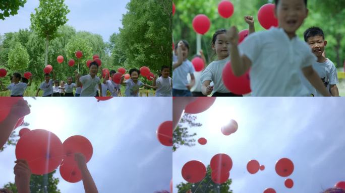 孩子们放飞红色气球