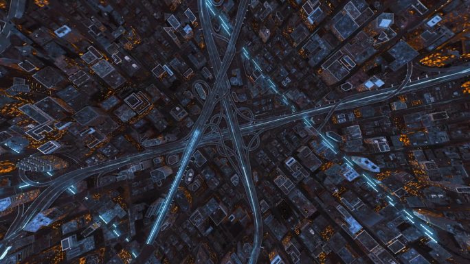 数字城市高速公路交汇处光学信号通过网络传输人工智能数据的航拍镜头，黄昏时分的大数据机器学习元宇宙云计